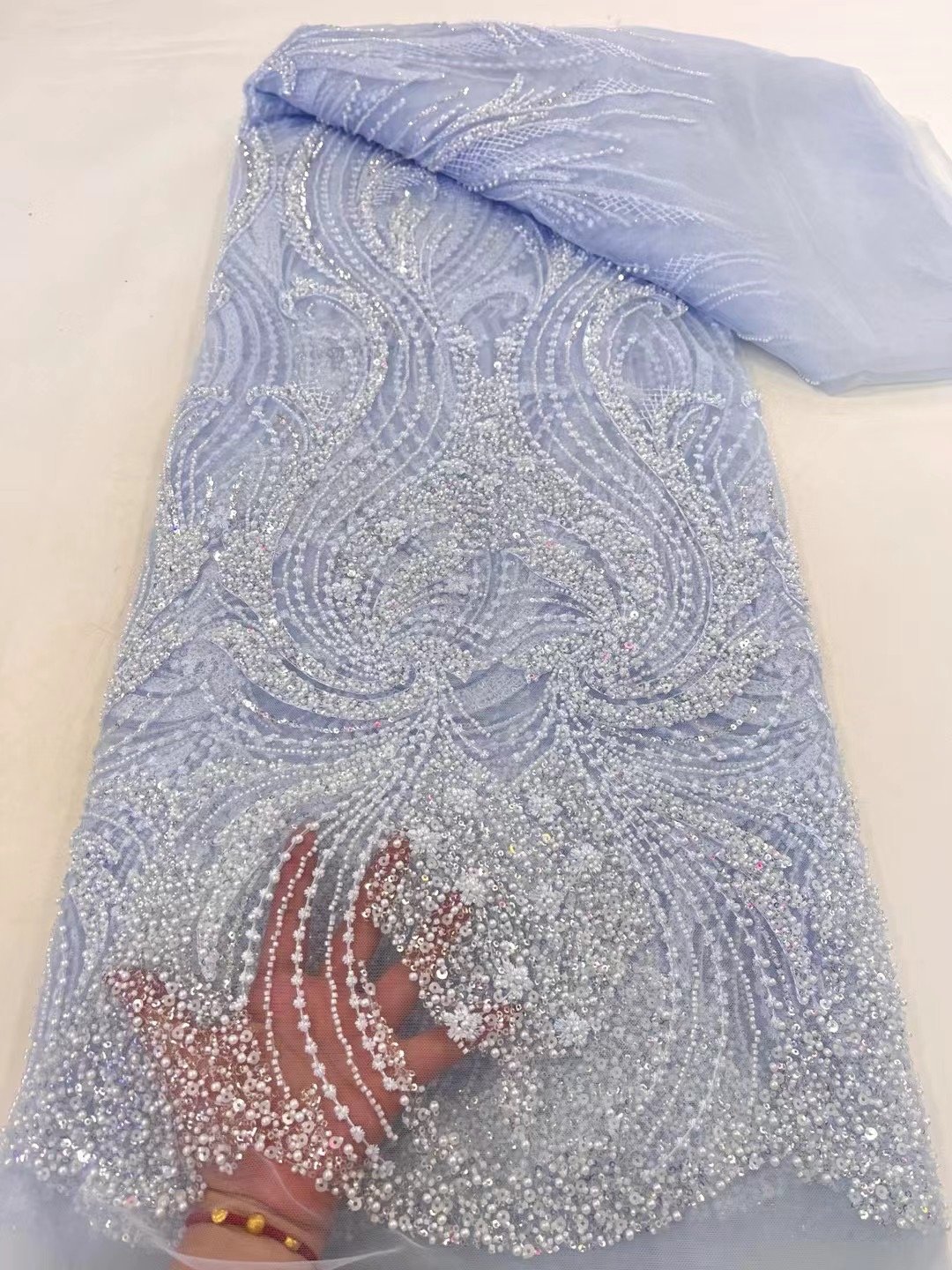 NI.AI Handmade Beads Lace Fabric Sequins Beaded Embroidery African Lace Fabric with Pearls for Wedding Dress Lace