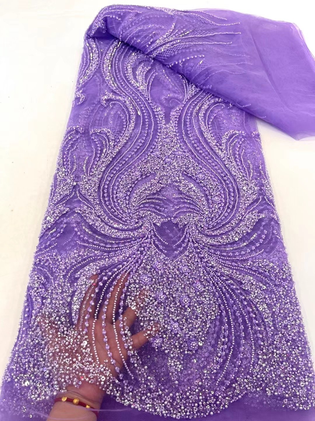 NI.AI Handmade Beads Lace Fabric Sequins Beaded Embroidery African Lace Fabric with Pearls for Wedding Dress Lace