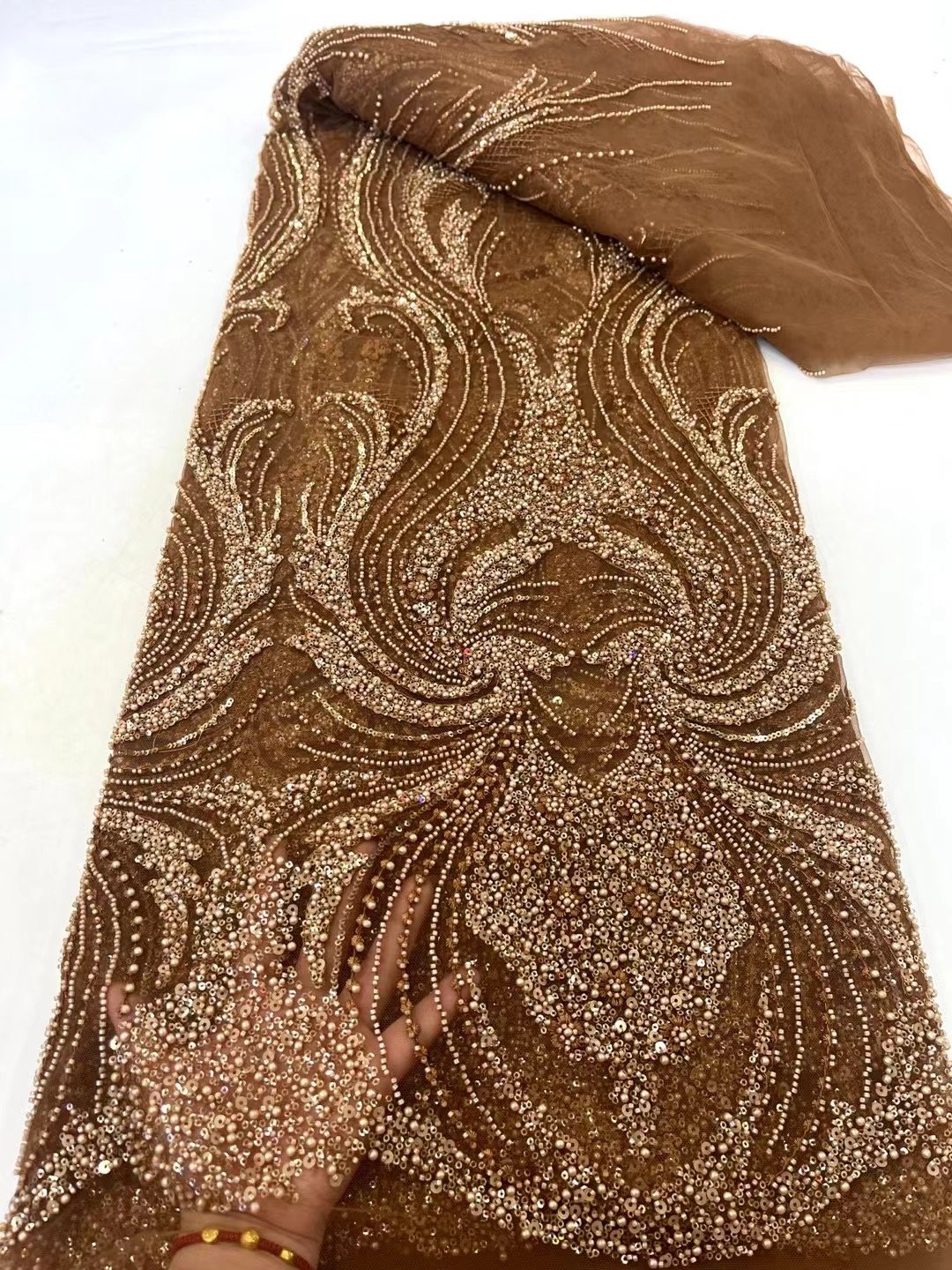 NI.AI Handmade Beads Lace Fabric Sequins Beaded Embroidery African Lace Fabric with Pearls for Wedding Dress Lace