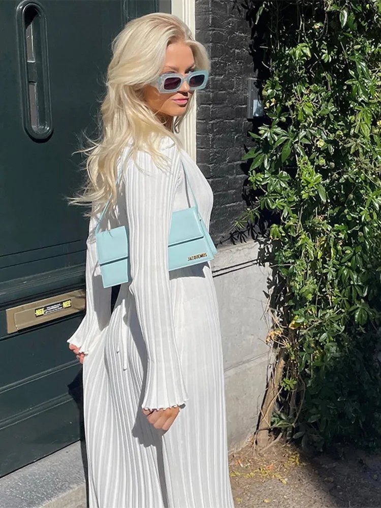 Female V-neck Casual Ladies Ribbed Maxi Robe Autumn Winter 2023 Elegant Pleated A-line Midi Dresses Women Knitted Long Dress