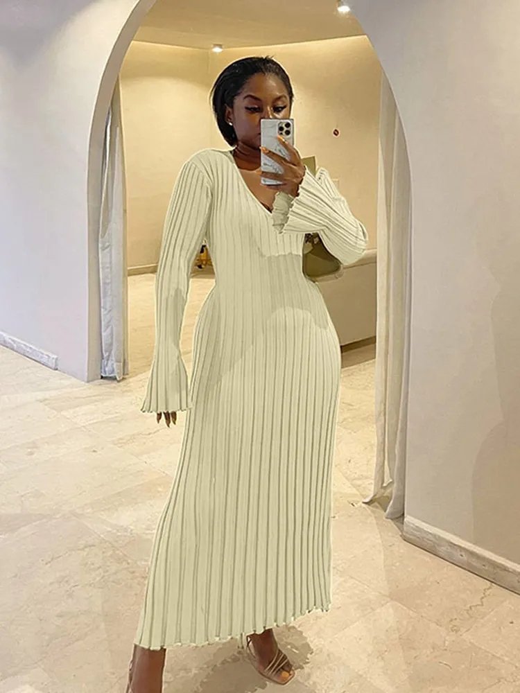 Female V-neck Casual Ladies Ribbed Maxi Robe Autumn Winter 2023 Elegant Pleated A-line Midi Dresses Women Knitted Long Dress