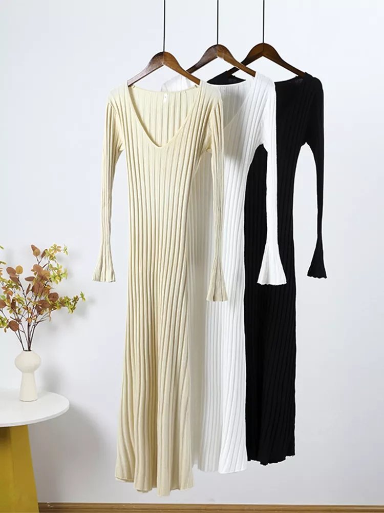 Female V-neck Casual Ladies Ribbed Maxi Robe Autumn Winter 2023 Elegant Pleated A-line Midi Dresses Women Knitted Long Dress