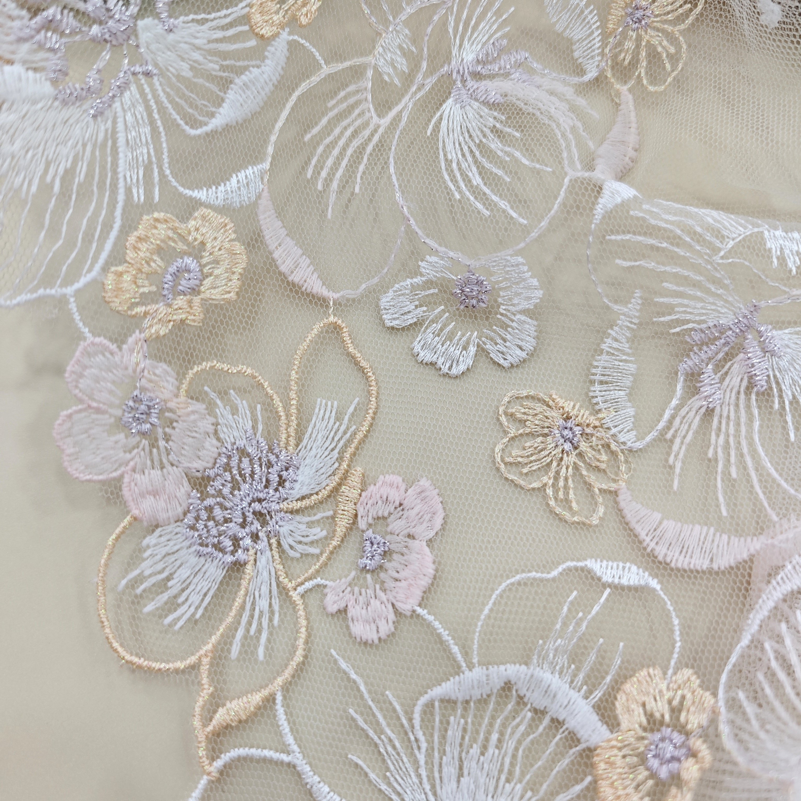 Newly designed 22cm wide pink mesh embroidery tulle border lace embellished with Sparkly flowers Lace fabric lingerie wholesale