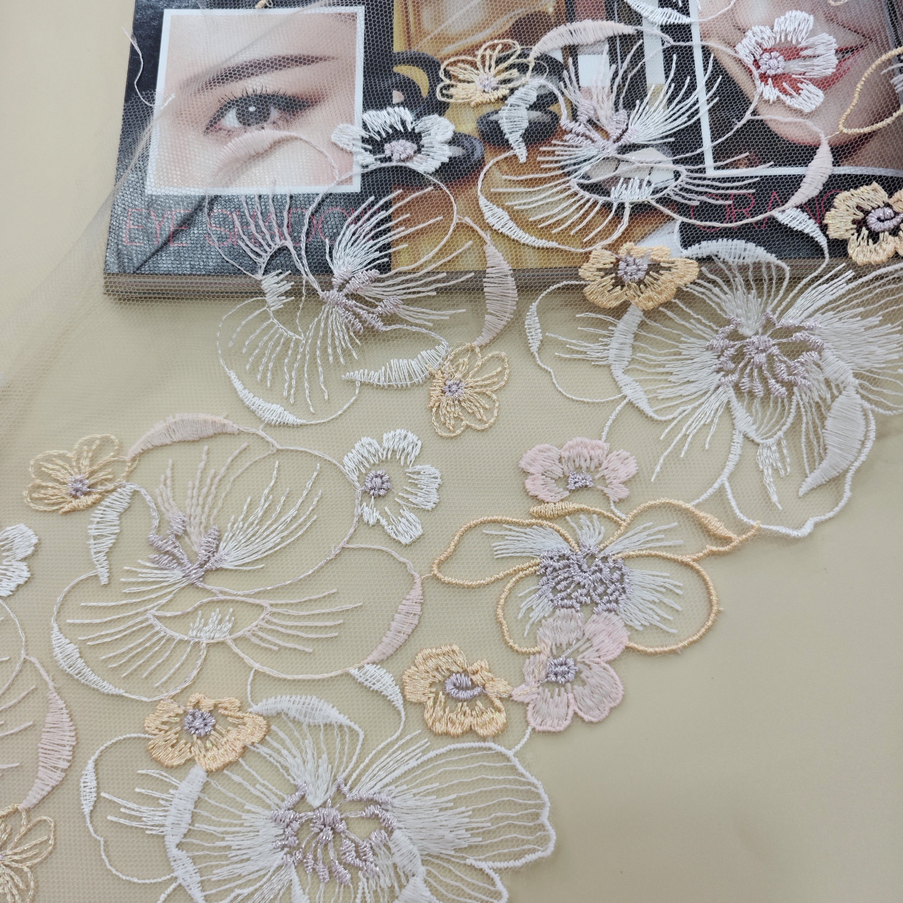 Newly designed 22cm wide pink mesh embroidery tulle border lace embellished with Sparkly flowers Lace fabric lingerie wholesale