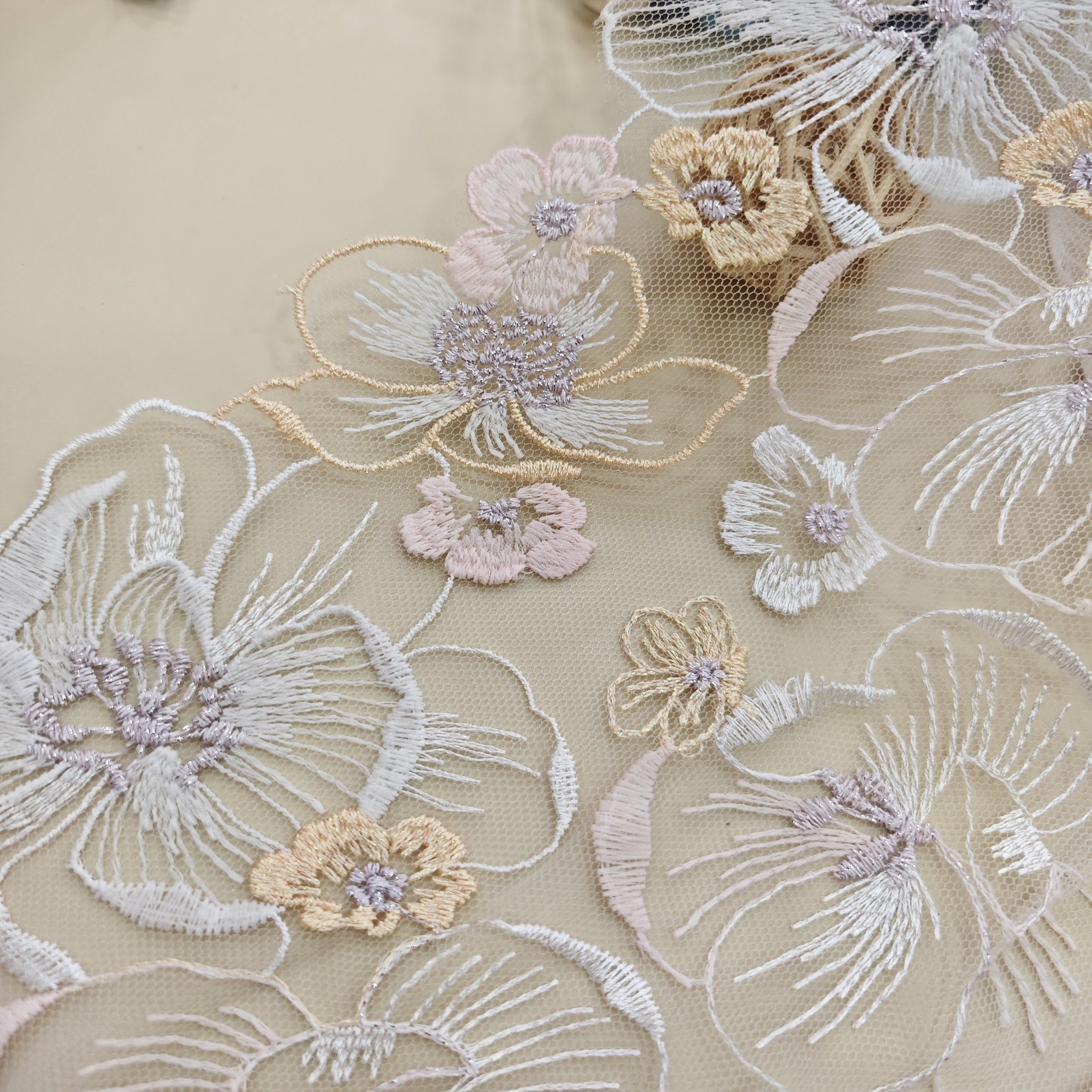 Newly designed 22cm wide pink mesh embroidery tulle border lace embellished with Sparkly flowers Lace fabric lingerie wholesale