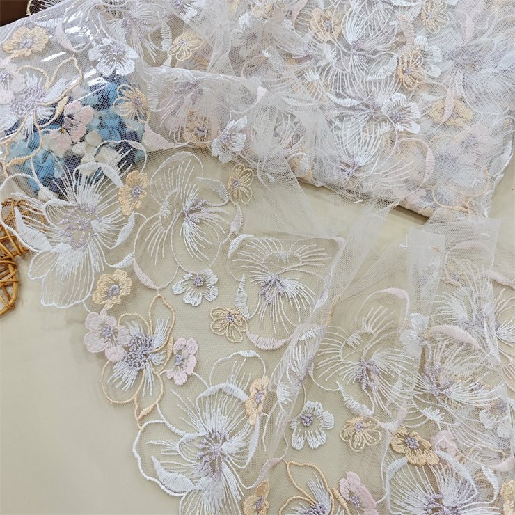 Newly designed 22cm wide pink mesh embroidery tulle border lace embellished with Sparkly flowers Lace fabric lingerie wholesale