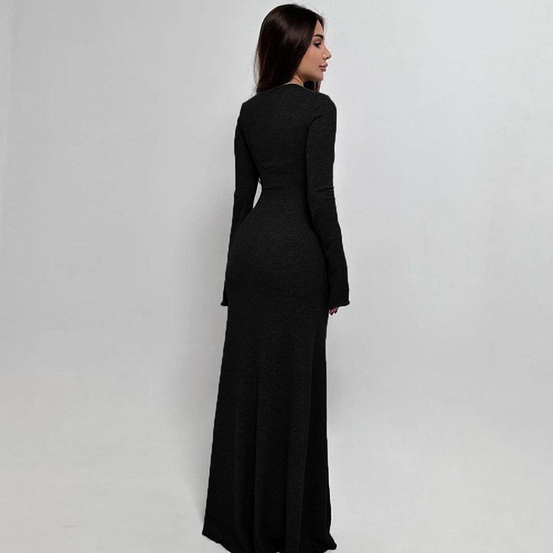 Elegant Knitted Maxi Dress Women Long Sleeve Slim Autumn Female Streetwear Robes Ribbed Knit Dress