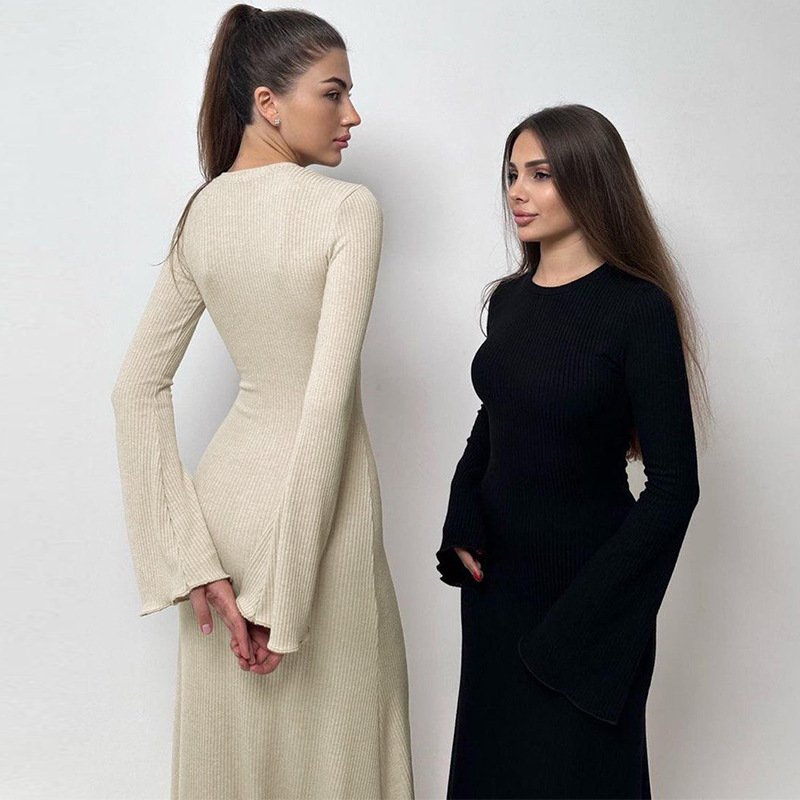 Elegant Knitted Maxi Dress Women Long Sleeve Slim Autumn Female Streetwear Robes Ribbed Knit Dress