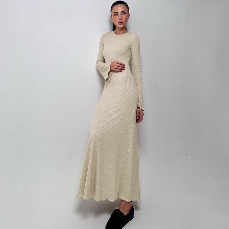 Elegant Knitted Maxi Dress Women Long Sleeve Slim Autumn Female Streetwear Robes Ribbed Knit Dress