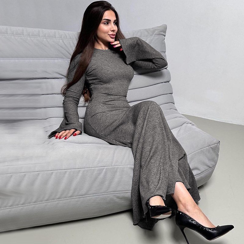 Elegant Knitted Maxi Dress Women Long Sleeve Slim Autumn Female Streetwear Robes Ribbed Knit Dress
