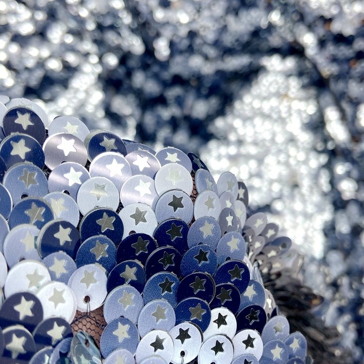 Fancy 100 polyester knitted blue custom color embroidery star sequins mesh fabric for dress