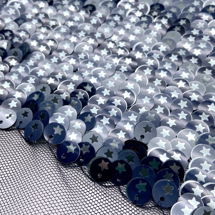 Fancy 100 polyester knitted blue custom color embroidery star sequins mesh fabric for dress