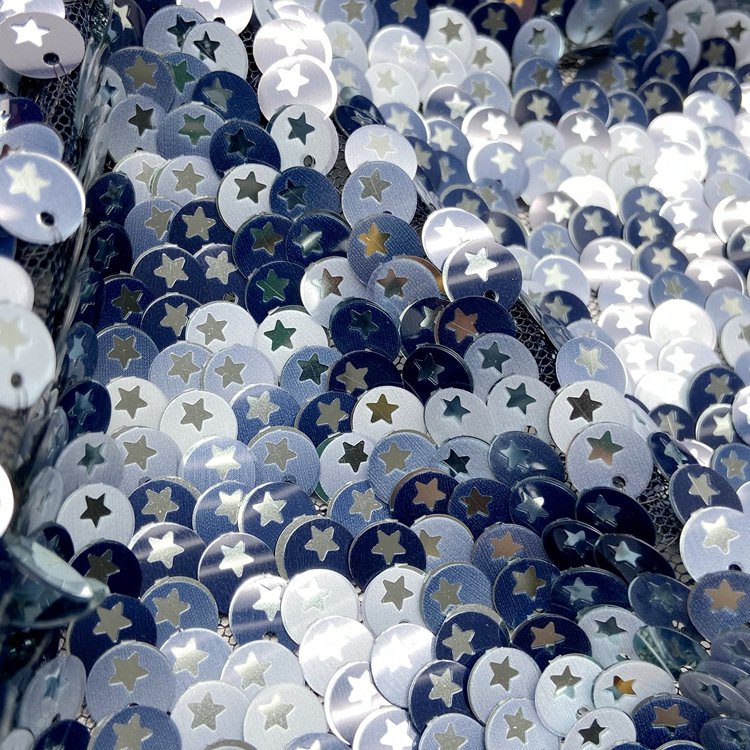 Fancy 100 polyester knitted blue custom color embroidery star sequins mesh fabric for dress