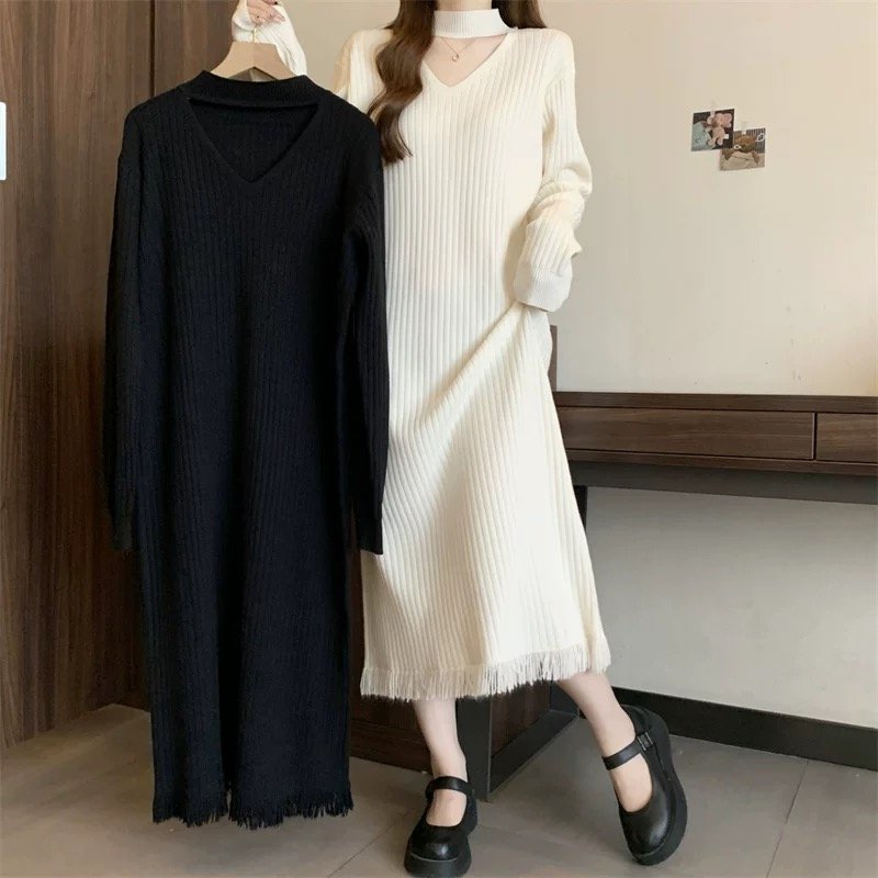 Wholesale Customized Winter Fall Newest Ladies Rib V-neck Knit Dresses Knee-Length Pullover Tassel Sweater