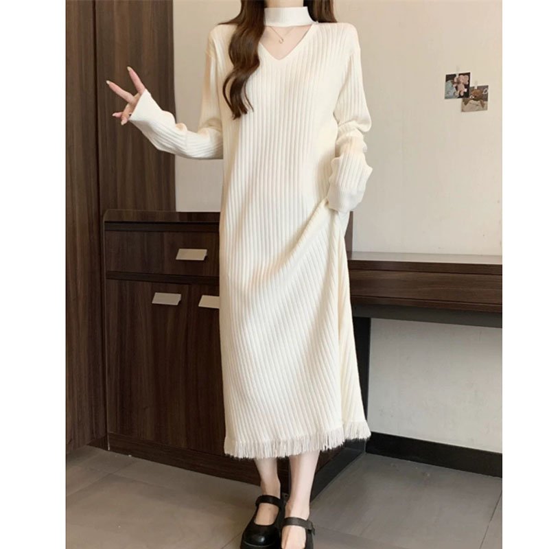 Wholesale Customized Winter Fall Newest Ladies Rib V-neck Knit Dresses Knee-Length Pullover Tassel Sweater