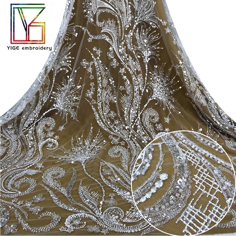 High quality french White Beaded bridal wedding Luxury mesh embroidery Sequins lace Tulle dress fabric
