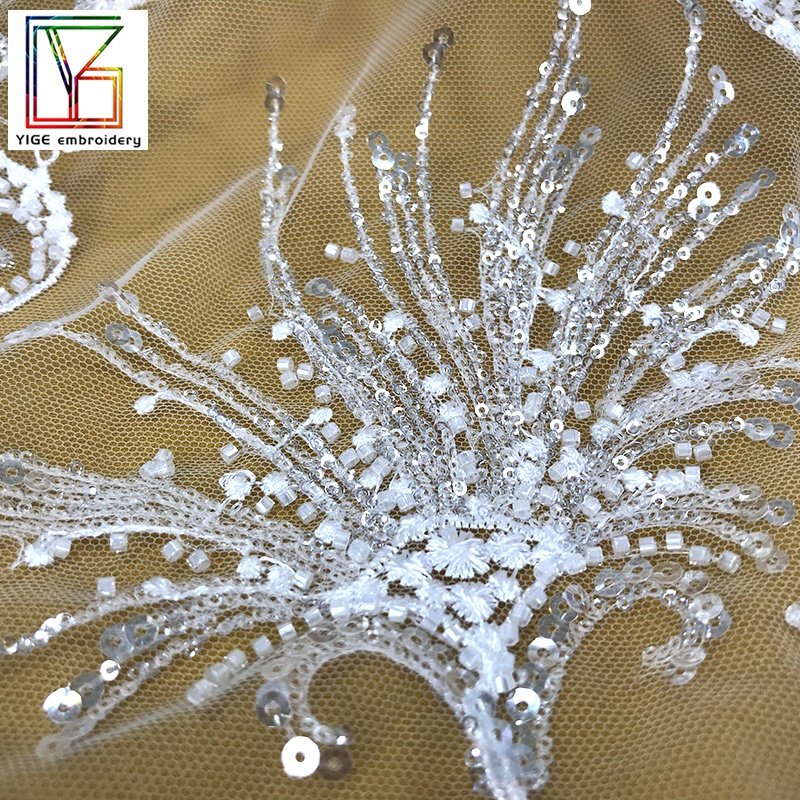 High quality french White Beaded bridal wedding Luxury mesh embroidery Sequins lace Tulle dress fabric