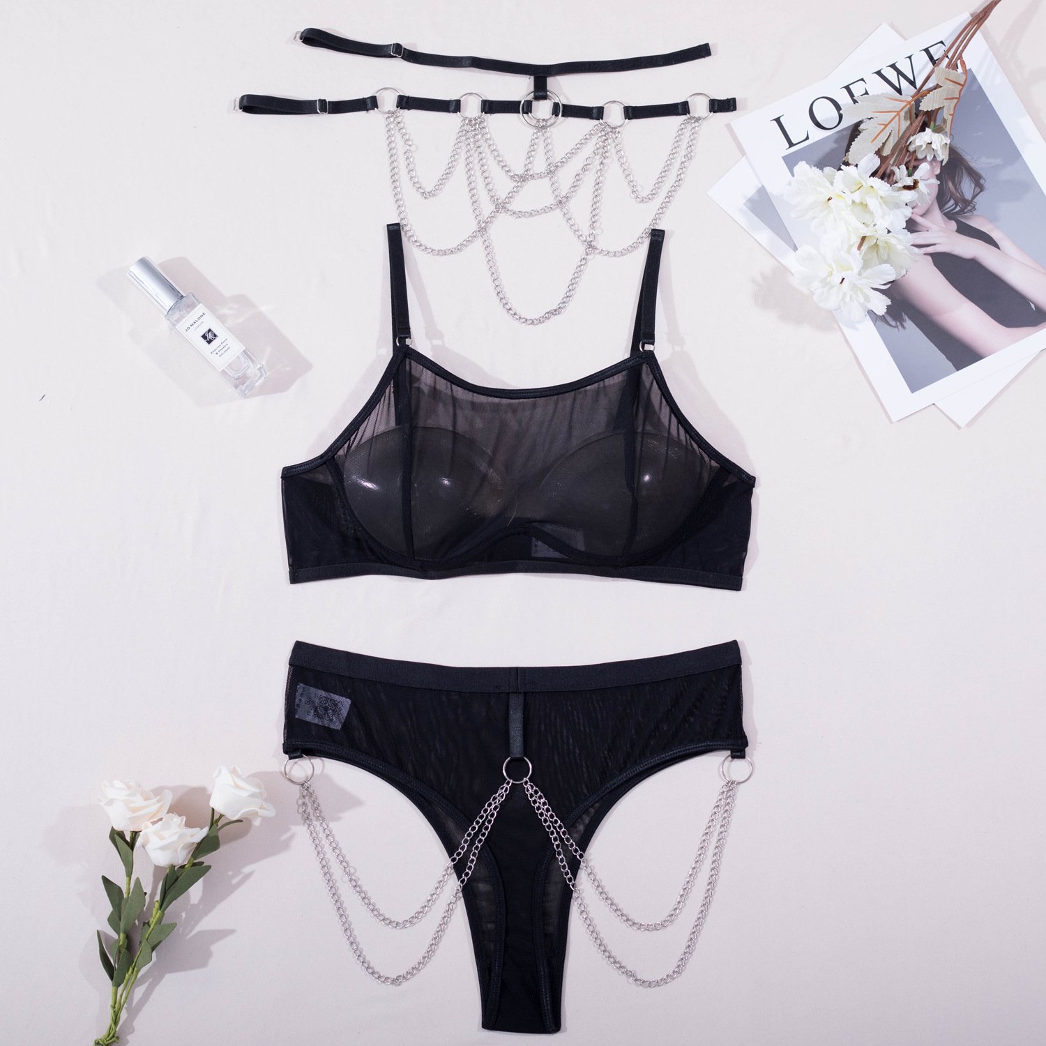 Chuangerm Lace with a Collar Sexy Lace Print Lingerie Set Underwear Lace Bra Panties Female Underwear Women Lingerie