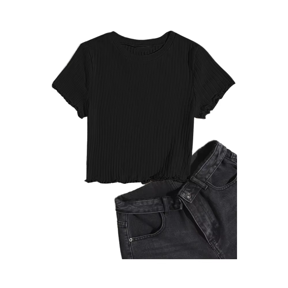 Ribbed Crew Neck Slim Crop T-shirt, Elegant Lettuce Trim Short Sleeve Top For Summer, Women's Clothing 2024
