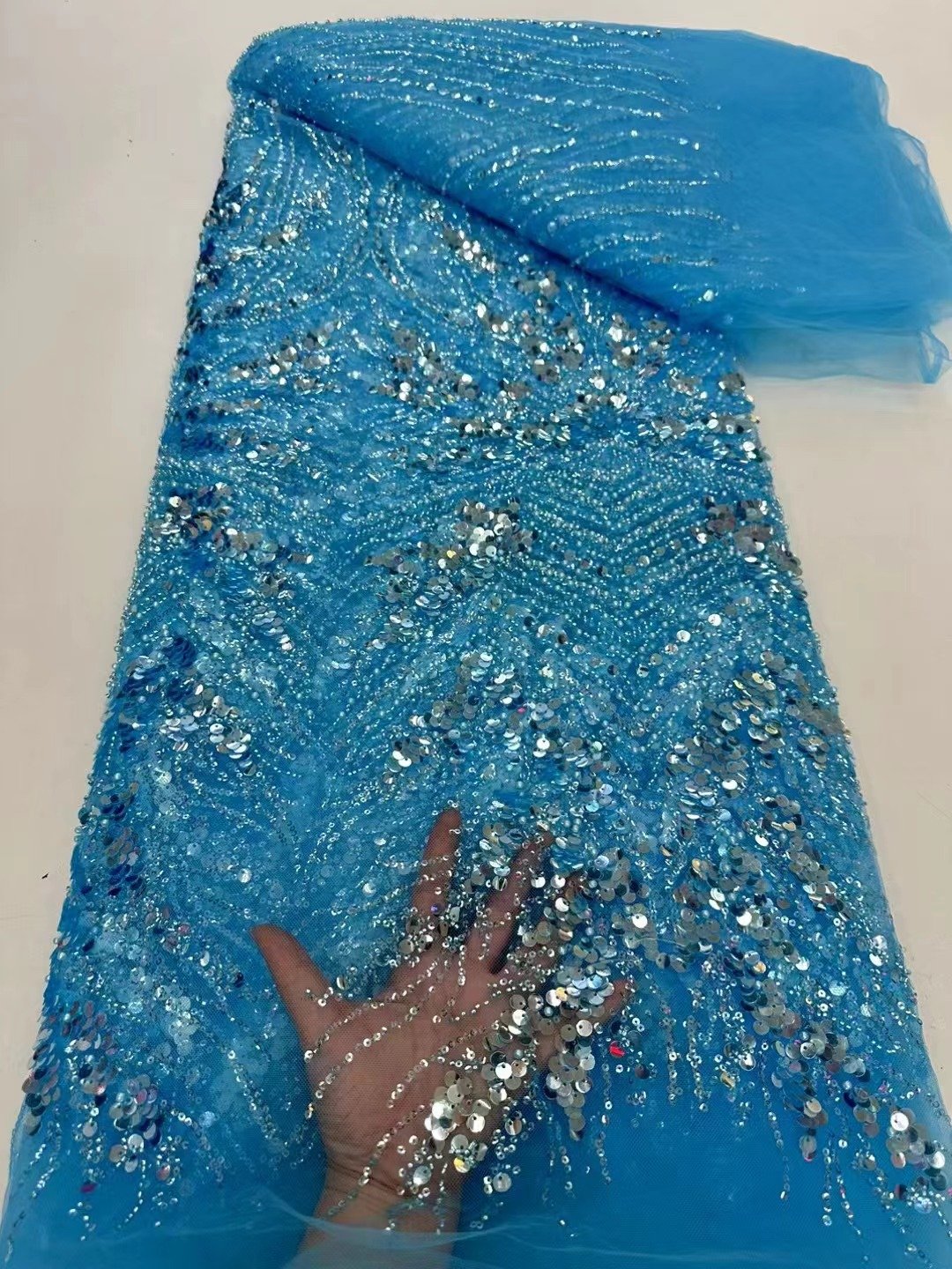 NI.AI Luxury Lace Fabric Colorful Sequence Net Lace Embroidery Green Pearl Lace Fabric For Wedding Dress