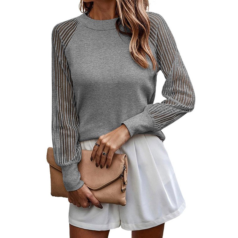 Wholesale Fall Women Blouse Mesh Ribbed Long Sleeve Tops For Women