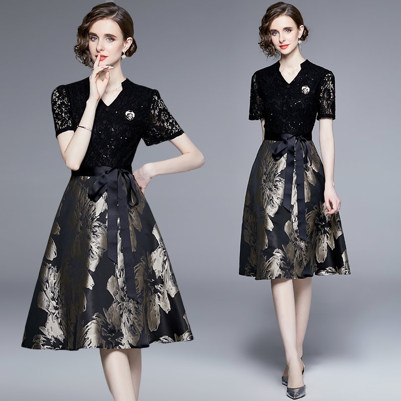 Heavy work sequin lace panels, jacquard waist to show slim elegant dress YYX868075