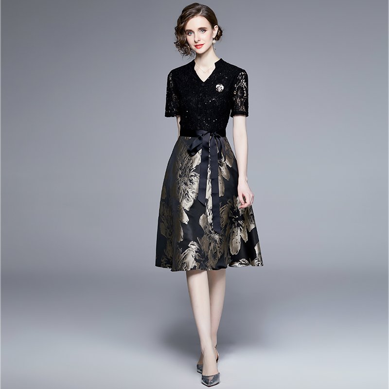 Heavy work sequin lace panels, jacquard waist to show slim elegant dress YYX868075