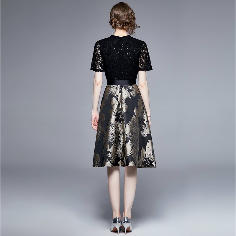 Heavy work sequin lace panels, jacquard waist to show slim elegant dress YYX868075
