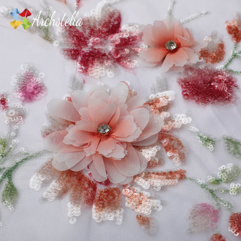 ARCHSTELLA 3D Flowers French Sequins Beaded Tulle Net Lace Fabric with Rhinestones for Party Dress