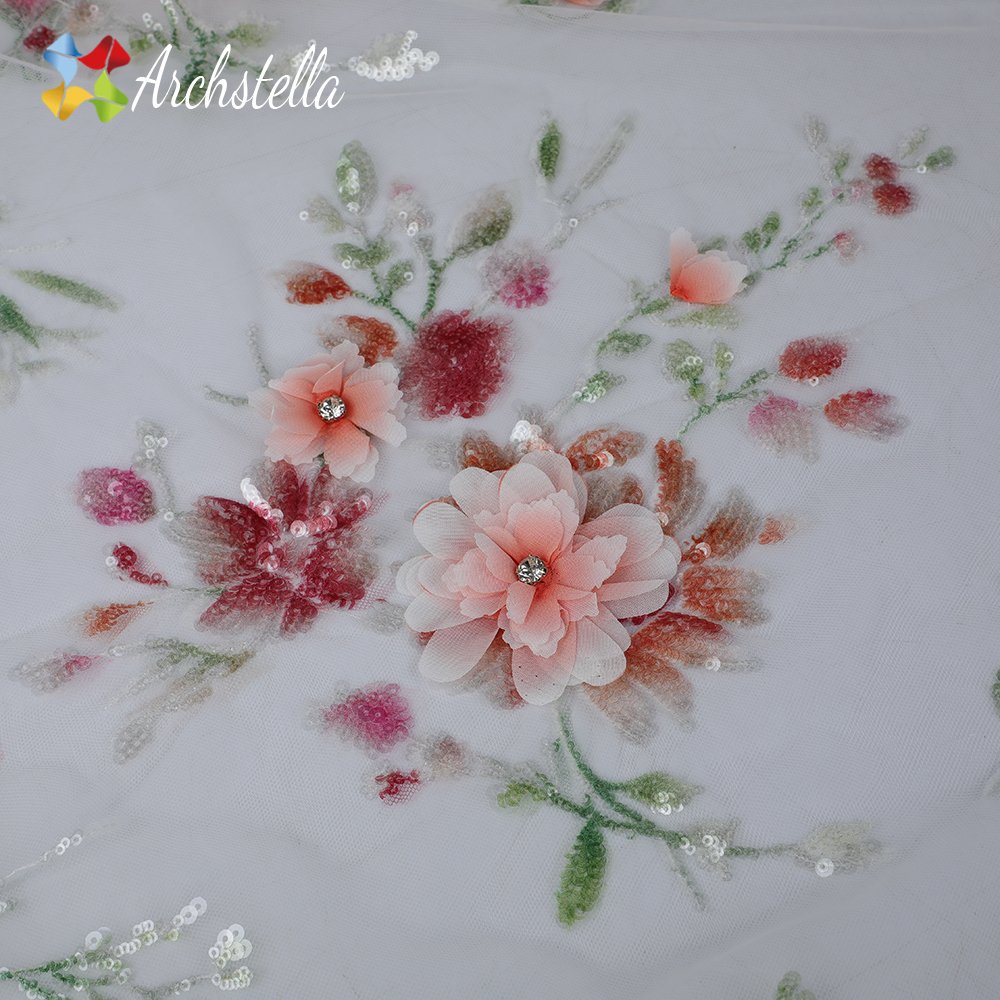 ARCHSTELLA 3D Flowers French Sequins Beaded Tulle Net Lace Fabric with Rhinestones for Party Dress