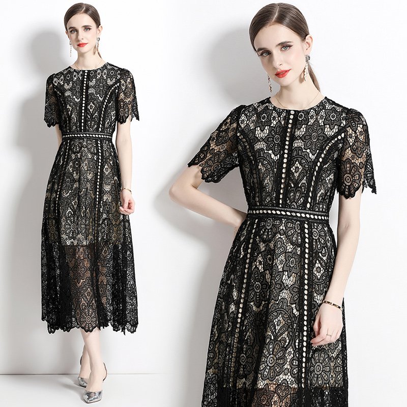 Summer new water-soluble lace paneled long dress women's crewneck swing dress AZ6922088