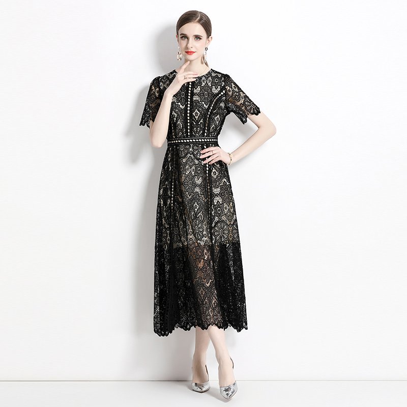 Summer new water-soluble lace paneled long dress women's crewneck swing dress AZ6922088