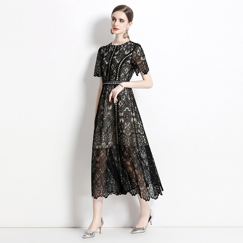 Summer new water-soluble lace paneled long dress women's crewneck swing dress AZ6922088