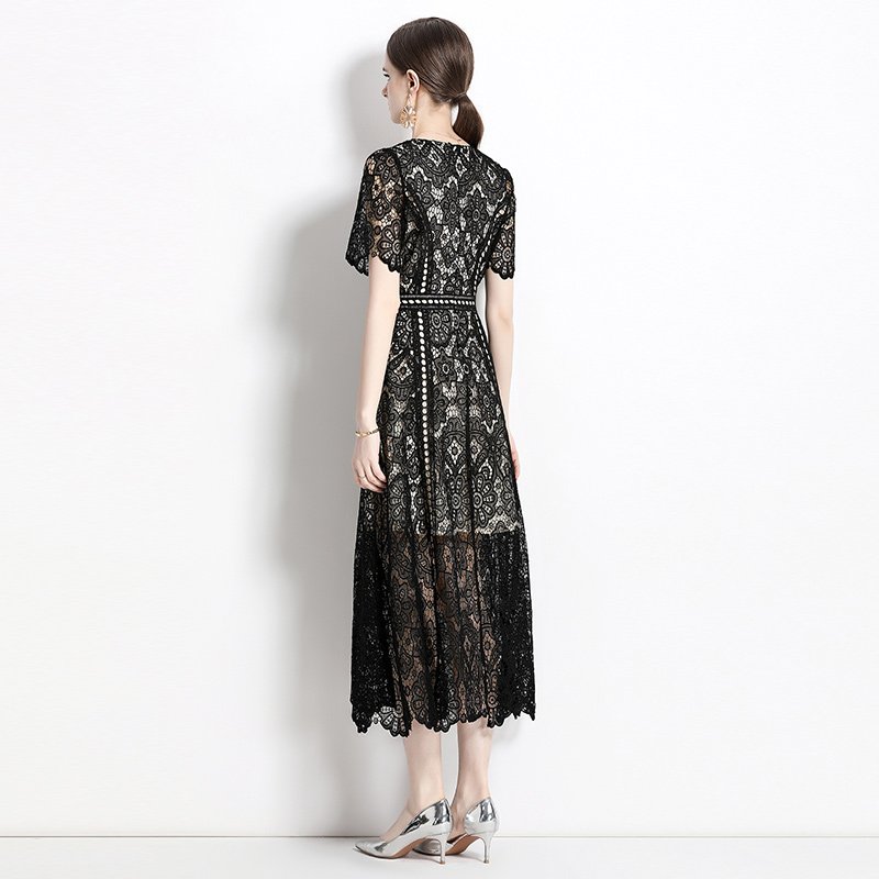 Summer new water-soluble lace paneled long dress women's crewneck swing dress AZ6922088