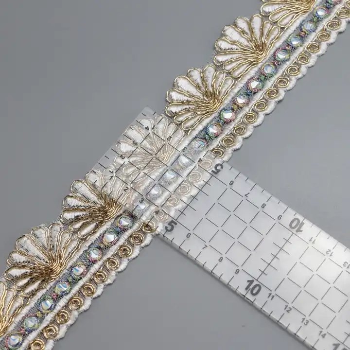 HENGWEI Brand Organza Gold Lace Trim Knitting Embroidered Lace Wedding Border with Sequin for making dress