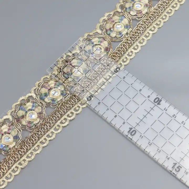HENGWEI Brand Organza Gold Lace Trim Knitting Embroidered Lace Wedding Border with Sequin for making dress