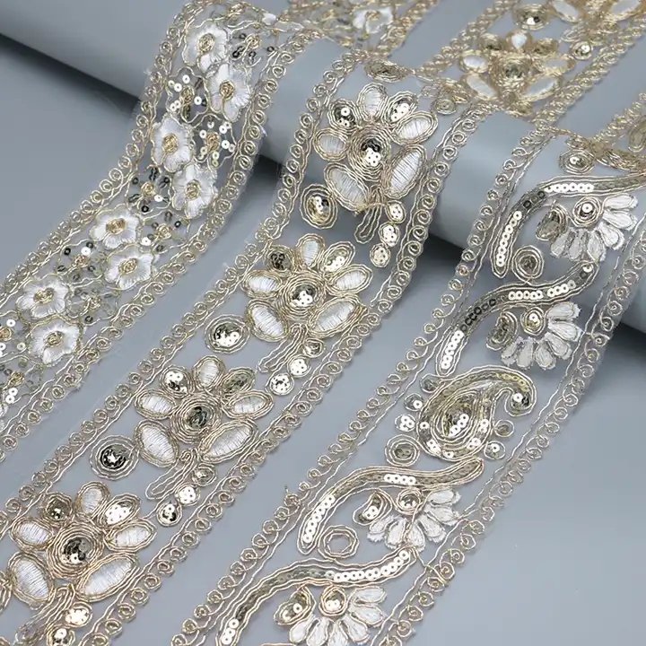 HENGWEI Brand Organza Gold Lace Trim Knitting Embroidered Lace Wedding Border with Sequin for making dress