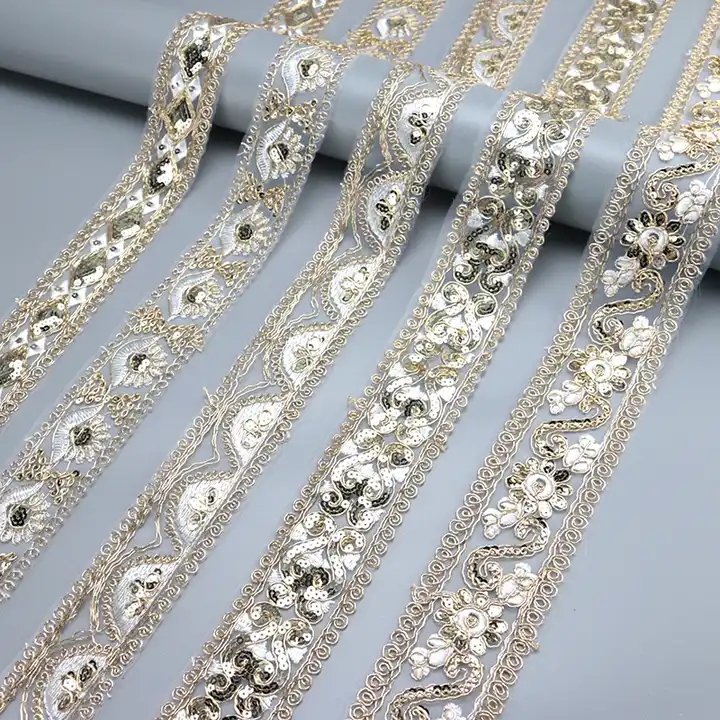 HENGWEI Brand Organza Gold Lace Trim Knitting Embroidered Lace Wedding Border with Sequin for making dress