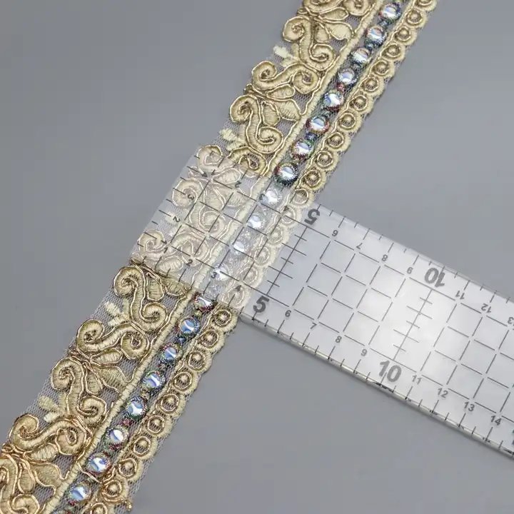 HENGWEI Brand Organza Gold Lace Trim Knitting Embroidered Lace Wedding Border with Sequin for making dress