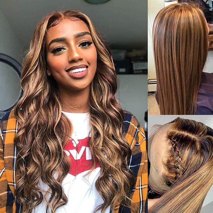 180 Density 10A Grade Piano Highlight 1B Honey Brown Color Straight Short Bob Wigs Human Hair Lace Front