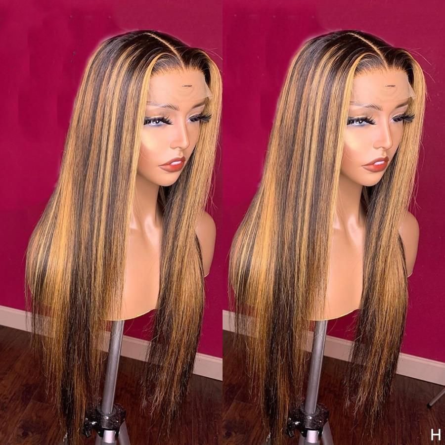 180 Density 10A Grade Piano Highlight 1B Honey Brown Color Straight Short Bob Wigs Human Hair Lace Front