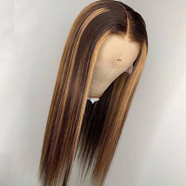 180 Density 10A Grade Piano Highlight 1B Honey Brown Color Straight Short Bob Wigs Human Hair Lace Front
