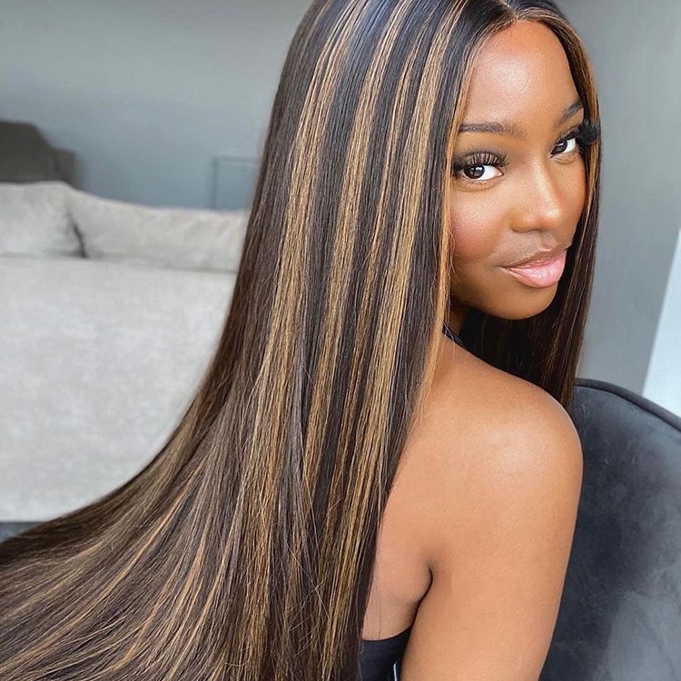 180 Density 10A Grade Piano Highlight 1B Honey Brown Color Straight Short Bob Wigs Human Hair Lace Front