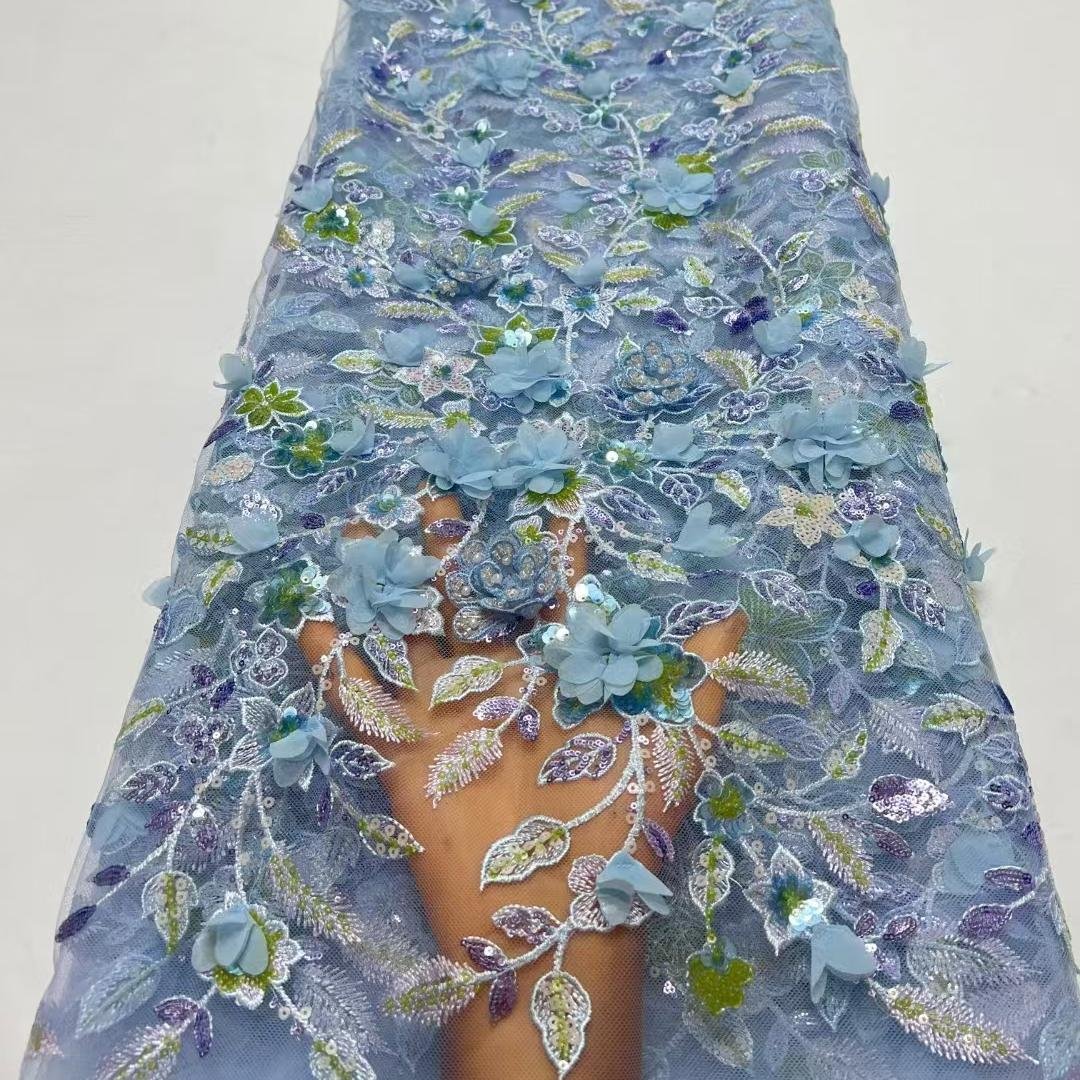 Width 125 cm Blue sparkly flowers sequins Embroidery beads Mesh Nigerian Fabric heavy tulle Lace Fabric for wedding Dress