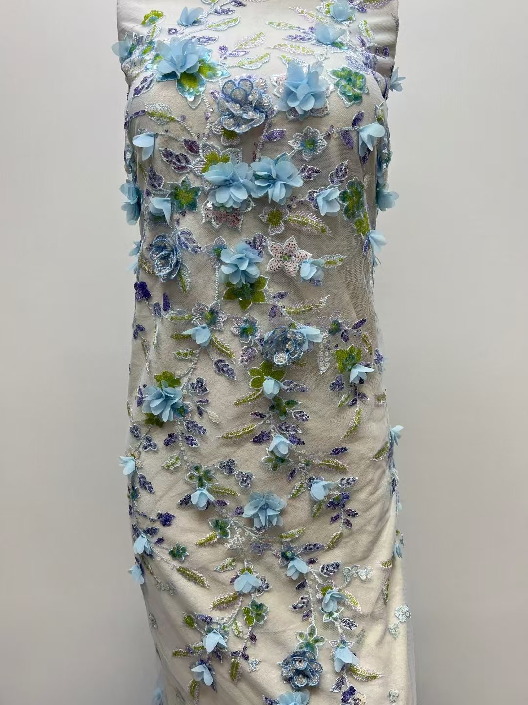 Width 125 cm Blue sparkly flowers sequins Embroidery beads Mesh Nigerian Fabric heavy tulle Lace Fabric for wedding Dress