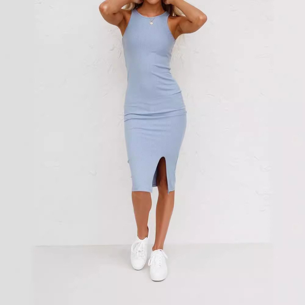 New Women's Solid Color Tank Top Slim Fit Long Knitted Split Dress