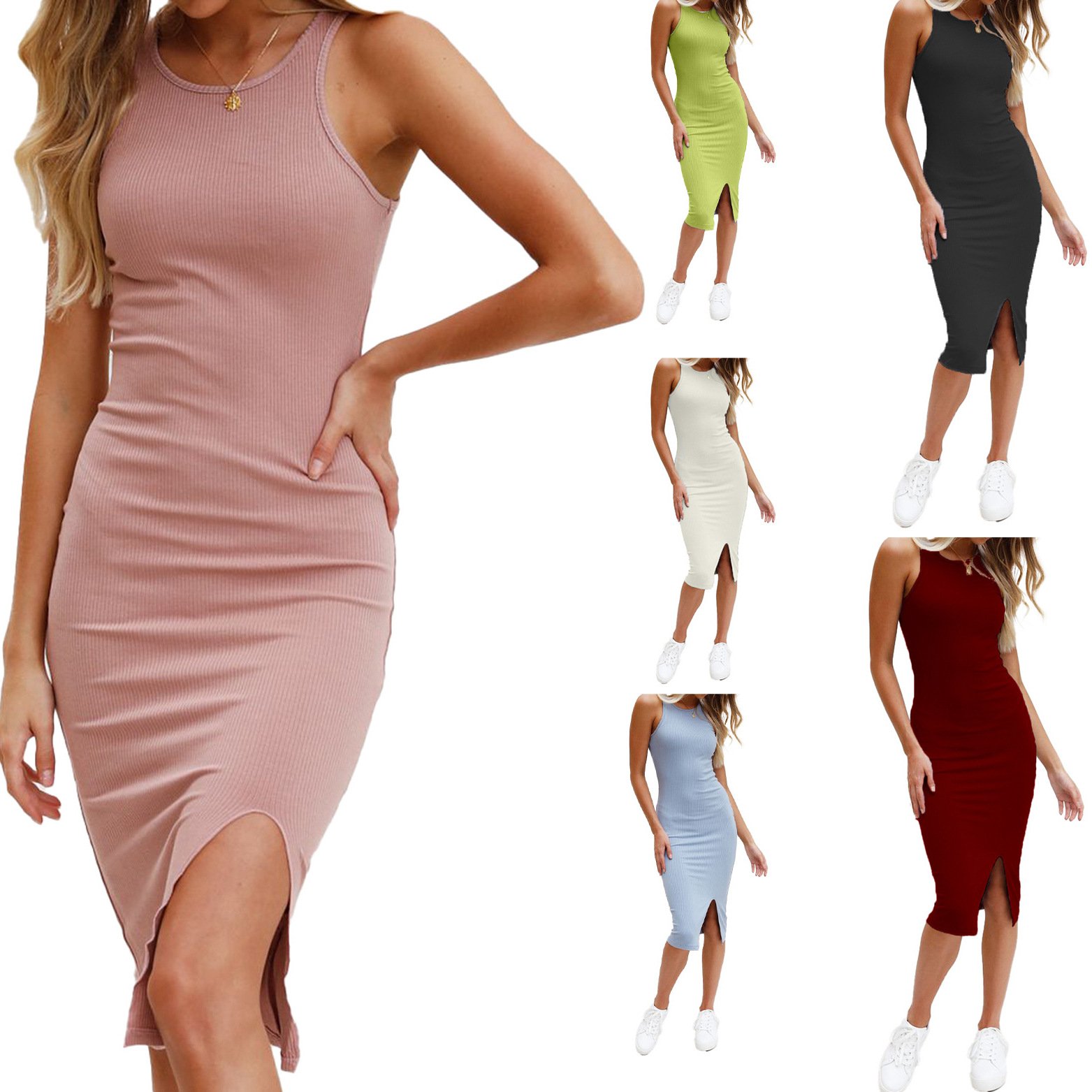 New Women's Solid Color Tank Top Slim Fit Long Knitted Split Dress
