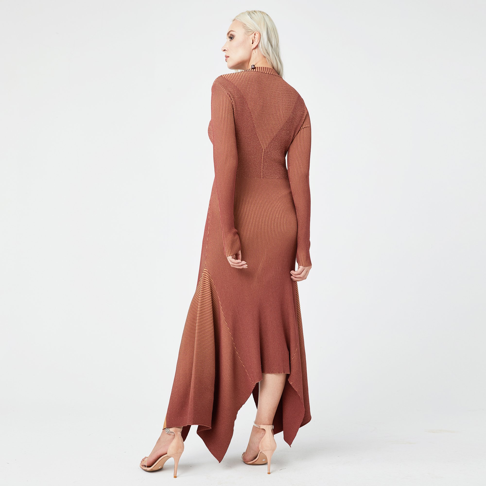 20ALW321 New Arrival Casual Asymmetric Hem Long Sleeve Rib Sexy Knit Long Sweater Dress for Women