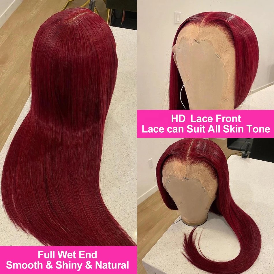 12- 40 Inch 99J Burgundy 13x4 13x6 Hd Transparent Human Hair Lace Front Wig Vietnamese Raw Hair Lace Frontal Wig for Black Women