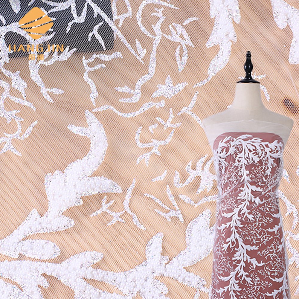 Wholesale white beaded wedding lace fabric embroidery glitter lace fabric